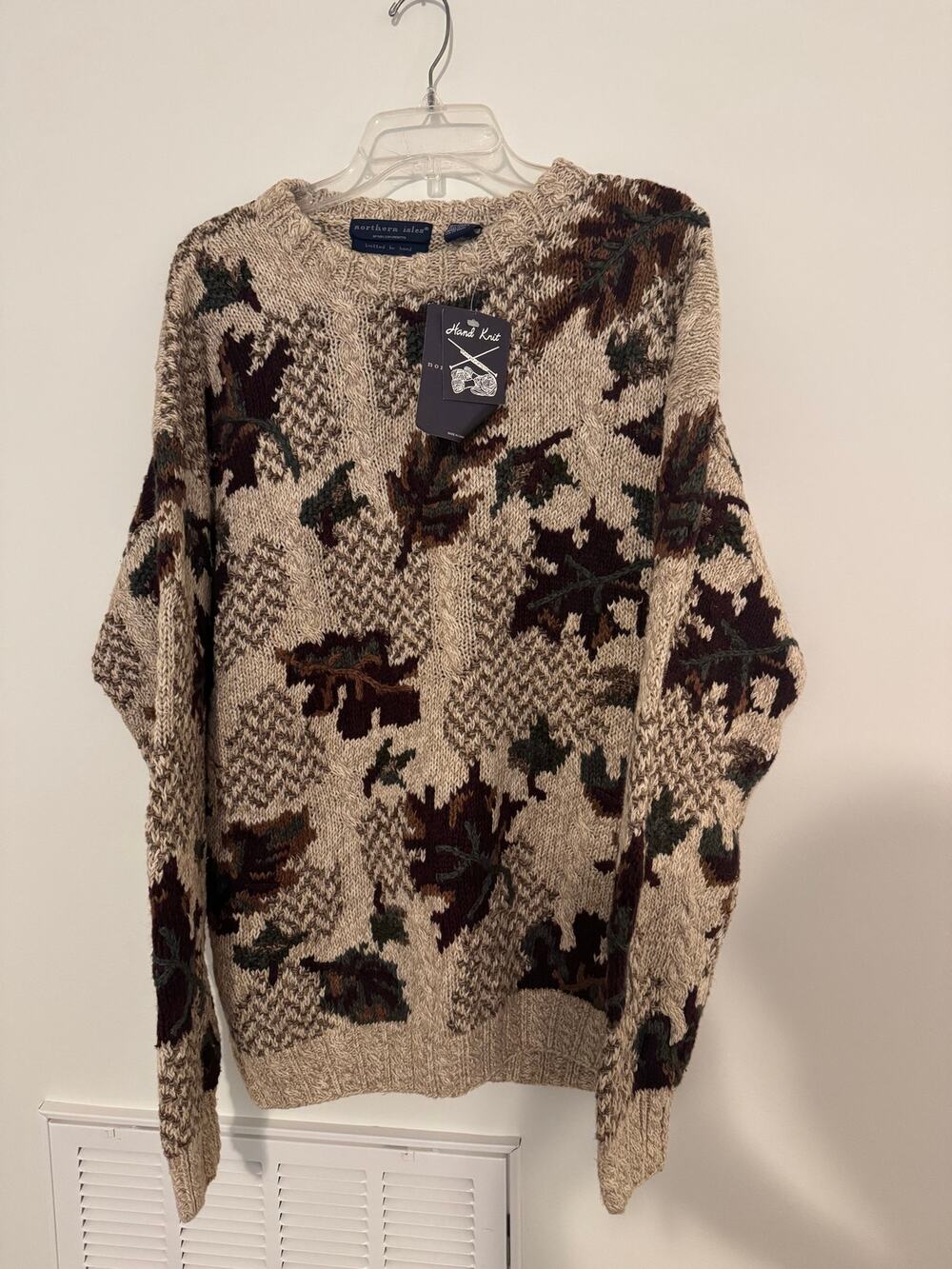 NWT 90s Northern Isle Hand Knit Fallen Leaves Autumn Cable Knit Sweater XXL